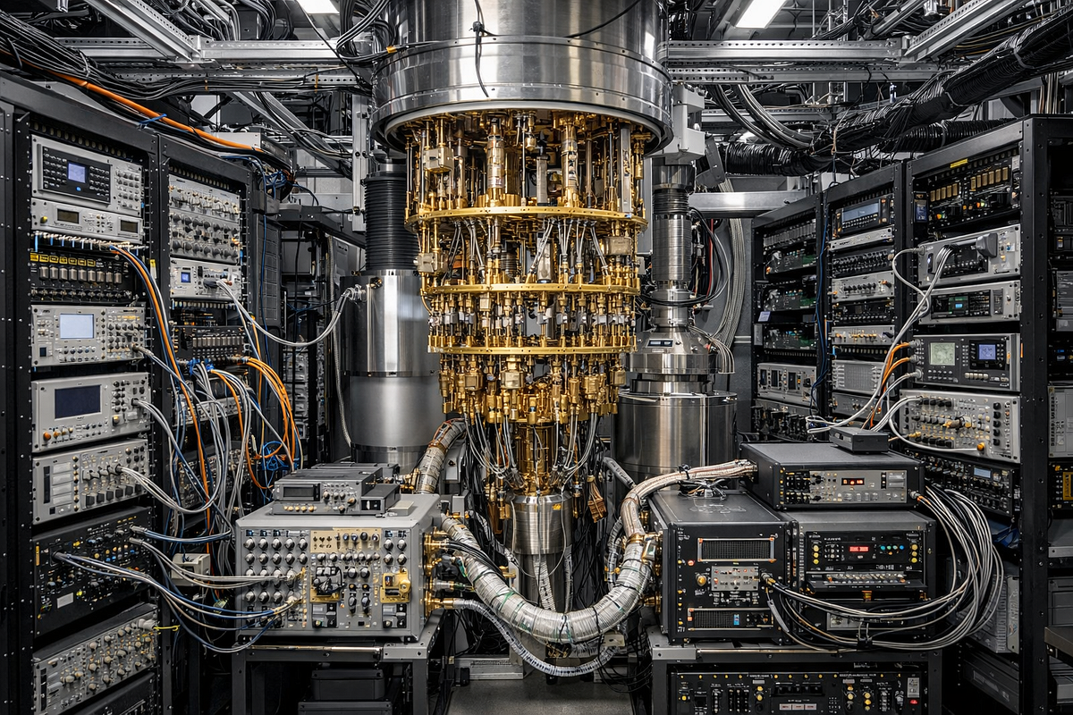 Quantum computing control electronics and infrastructure showing dense cabling, signal routing, and operational complexity.