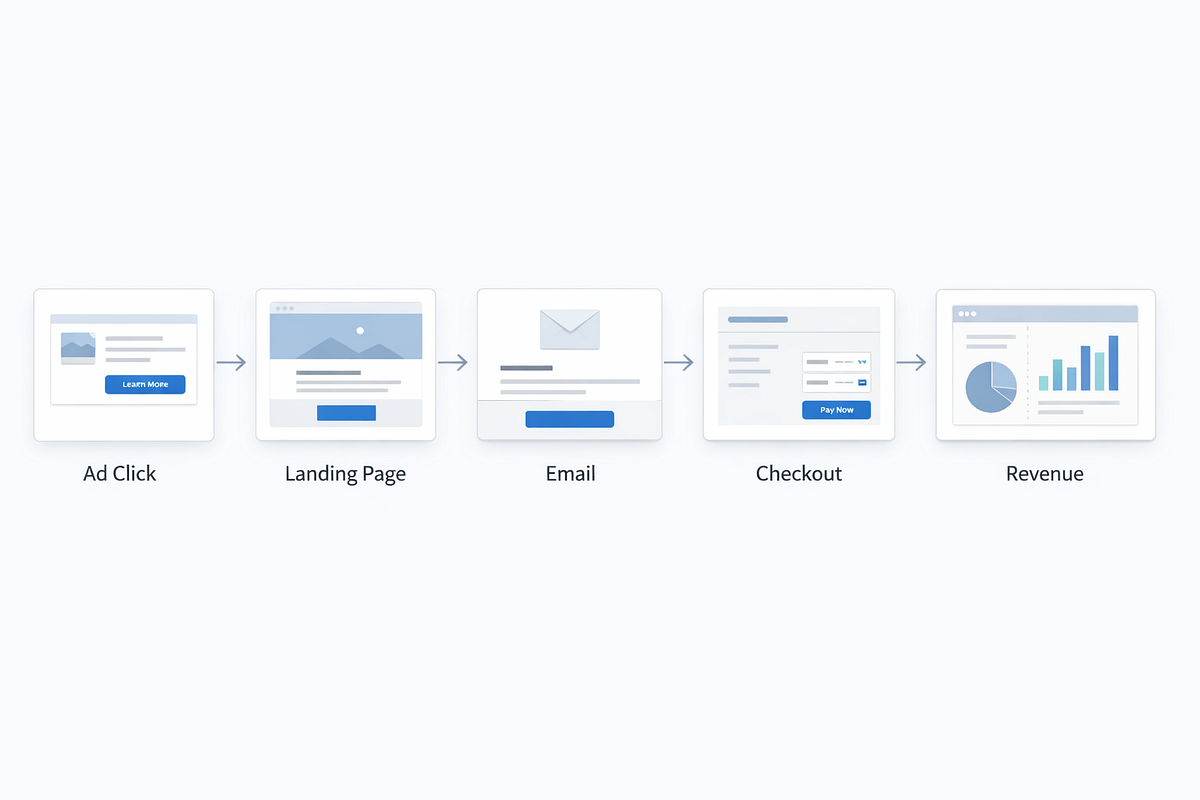 End-to-end funnel journey showing how users move from first click to final revenue