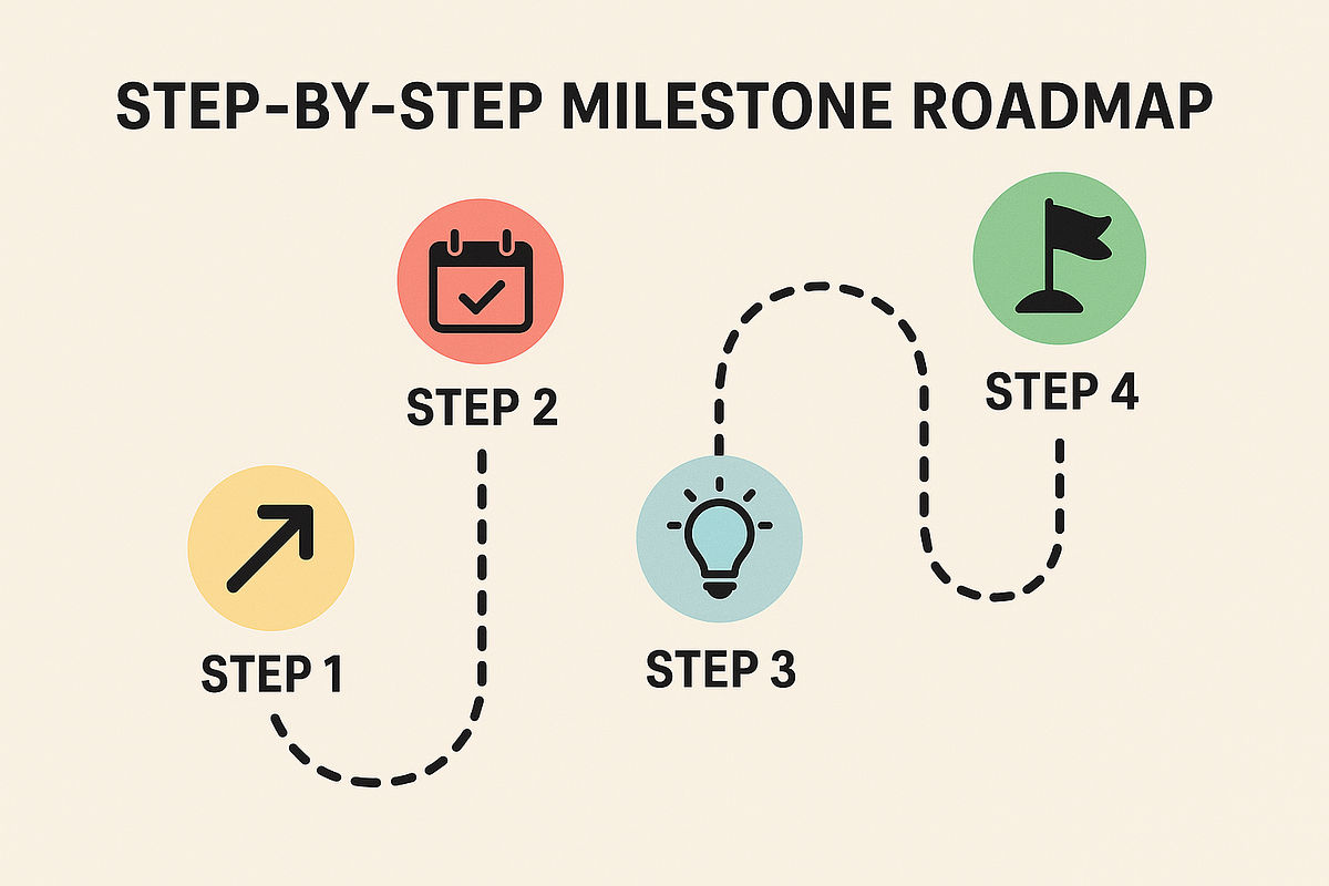 A milestone roadmap graphic outlining the steps to building a consistent 5-figure online business.