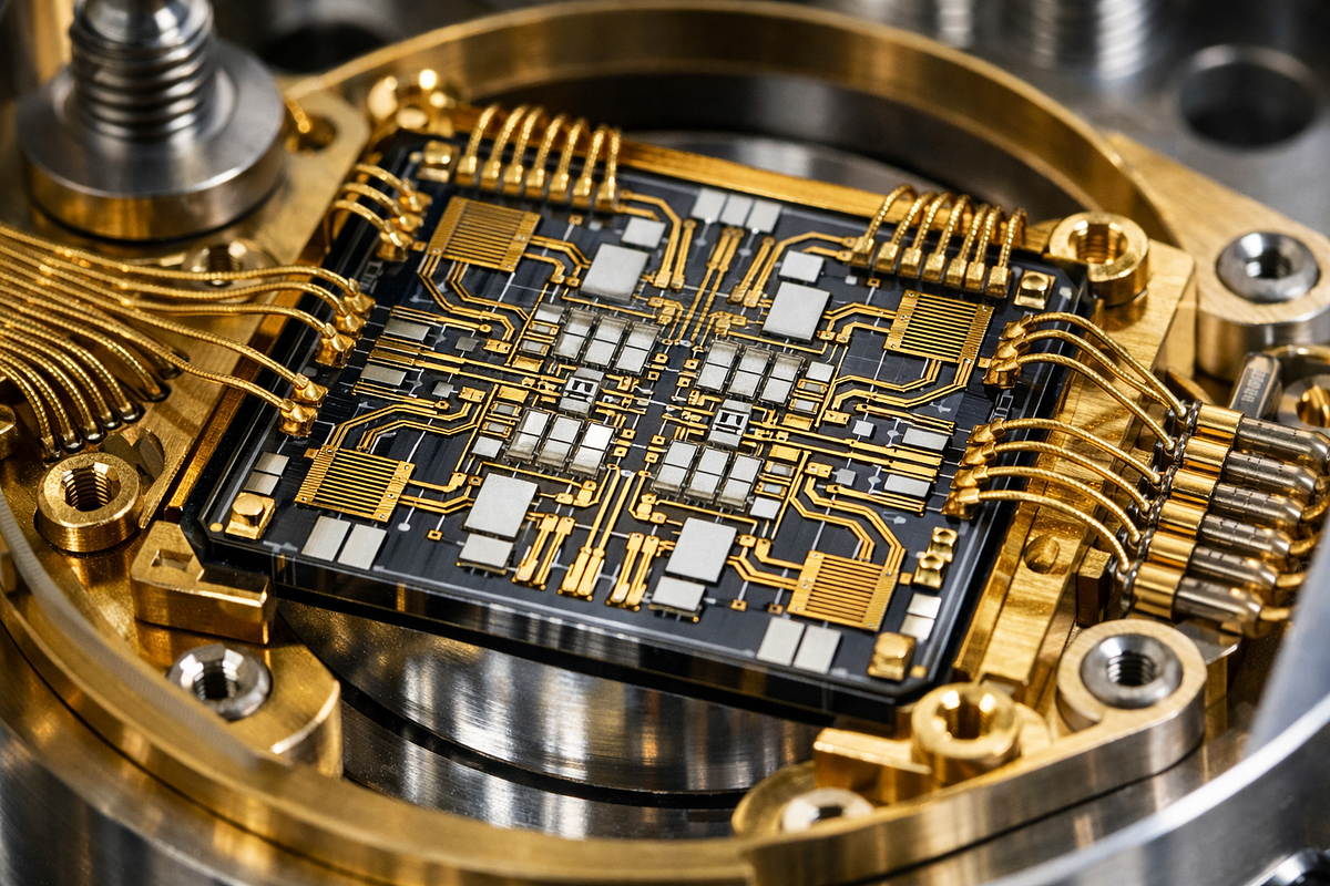 Close-up of a superconducting quantum processor chip with intricate wiring