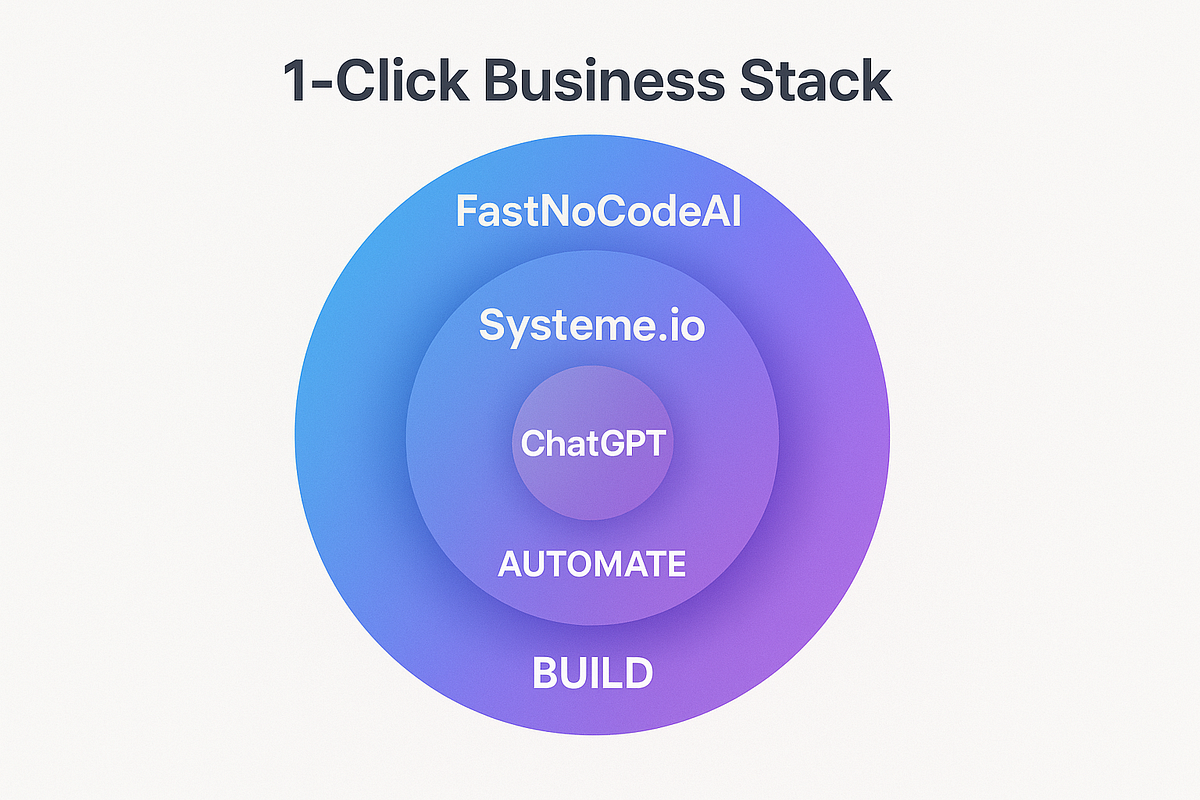“Diagram showing a recommended 1-click business stack using AI workflows and automation tools.”