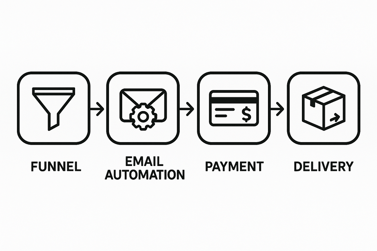 "Diagram of a 1-click business system with funnel, automation, payment, and delivery."