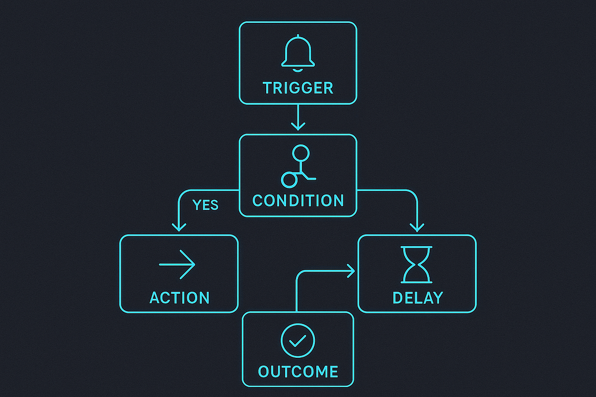 “Automation workflow diagram showing triggers, actions, and conditions in an email marketing system.”