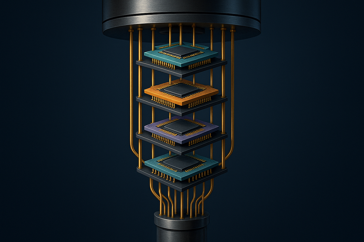 “Superconducting quantum processor housed within a dilution refrigerator assembly.”