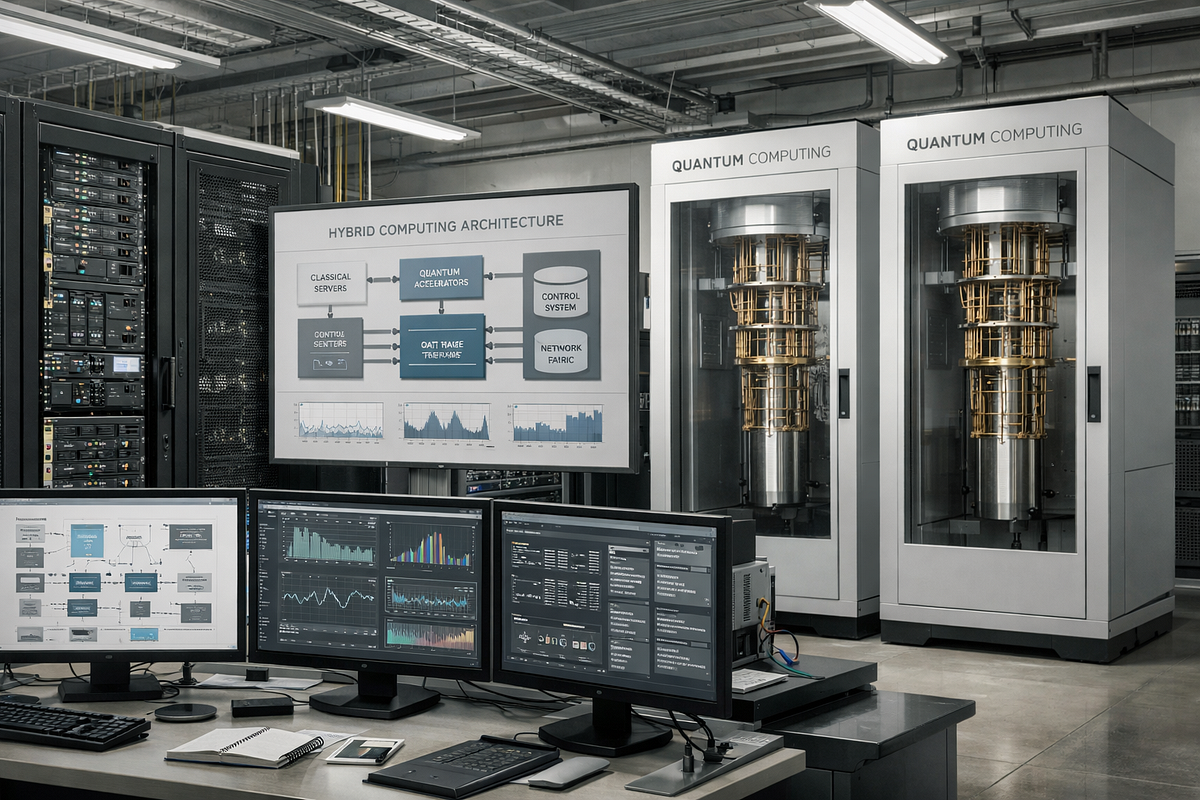 Future hybrid computing infrastructure where quantum accelerators are integrated into classical data center environments.