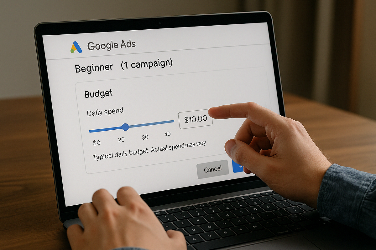 Beginner optimizing a small-budget Google Ads test campaign.