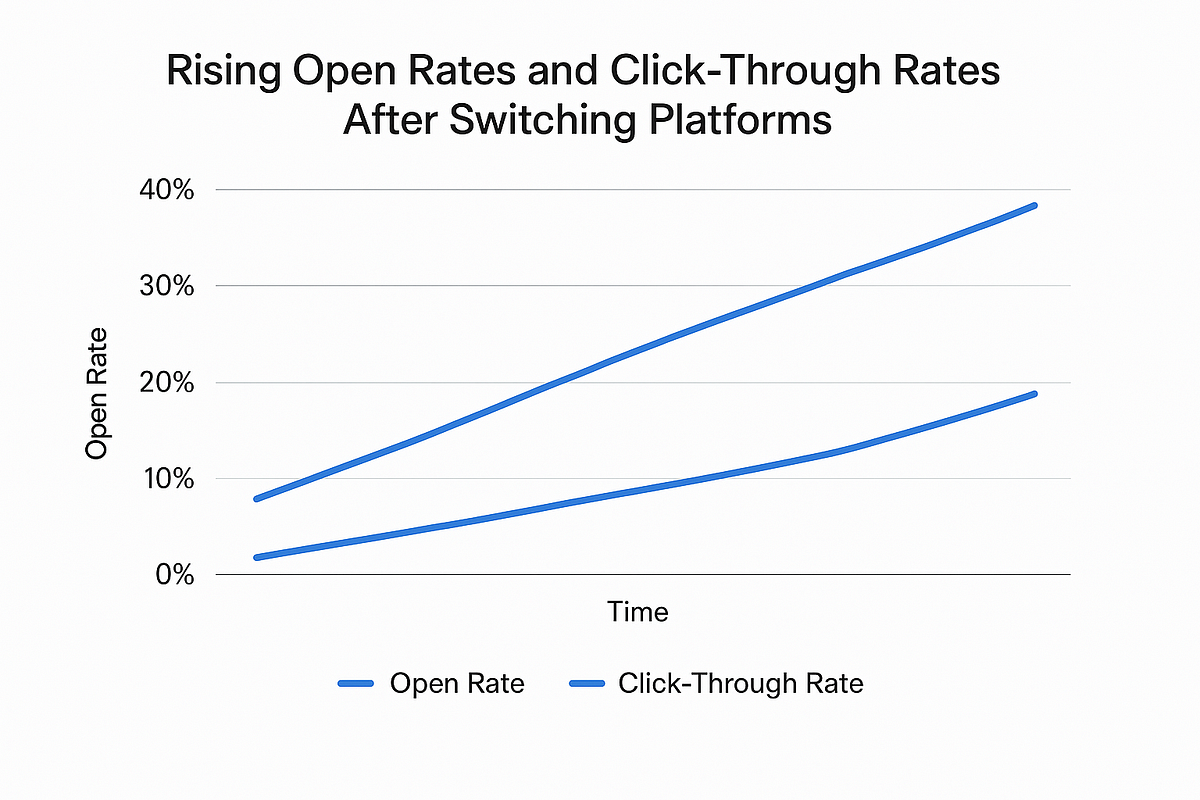 Line chart displaying improved email open rates and click-through rates after migrating tools.