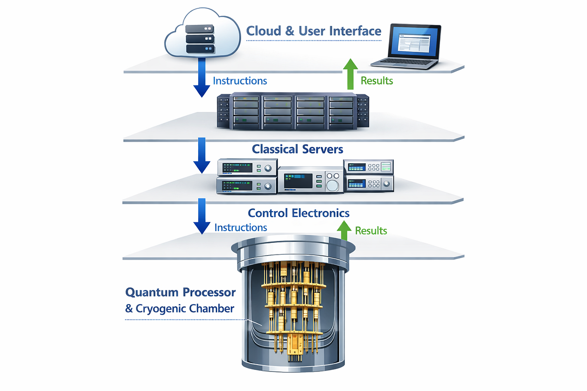 Layered diagram showing the full quantum computing system stack from qubits to cloud interface