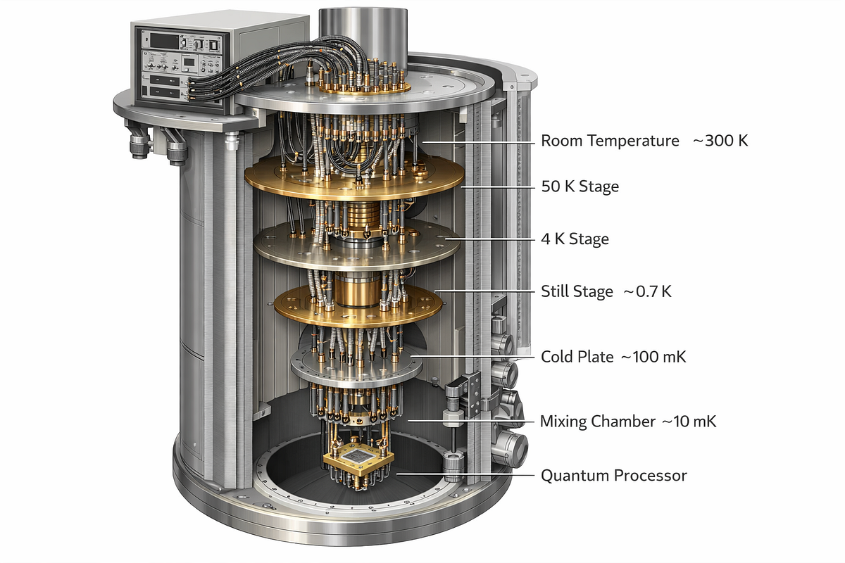 Cutaway view of a quantum computer showing control electronics connected to a cryogenic system cooling the quantum processor.