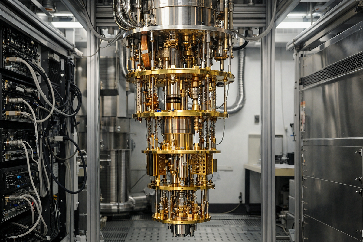Dilution refrigerator used to cool superconducting quantum processors, showing the physical infrastructure required for quantum computing.