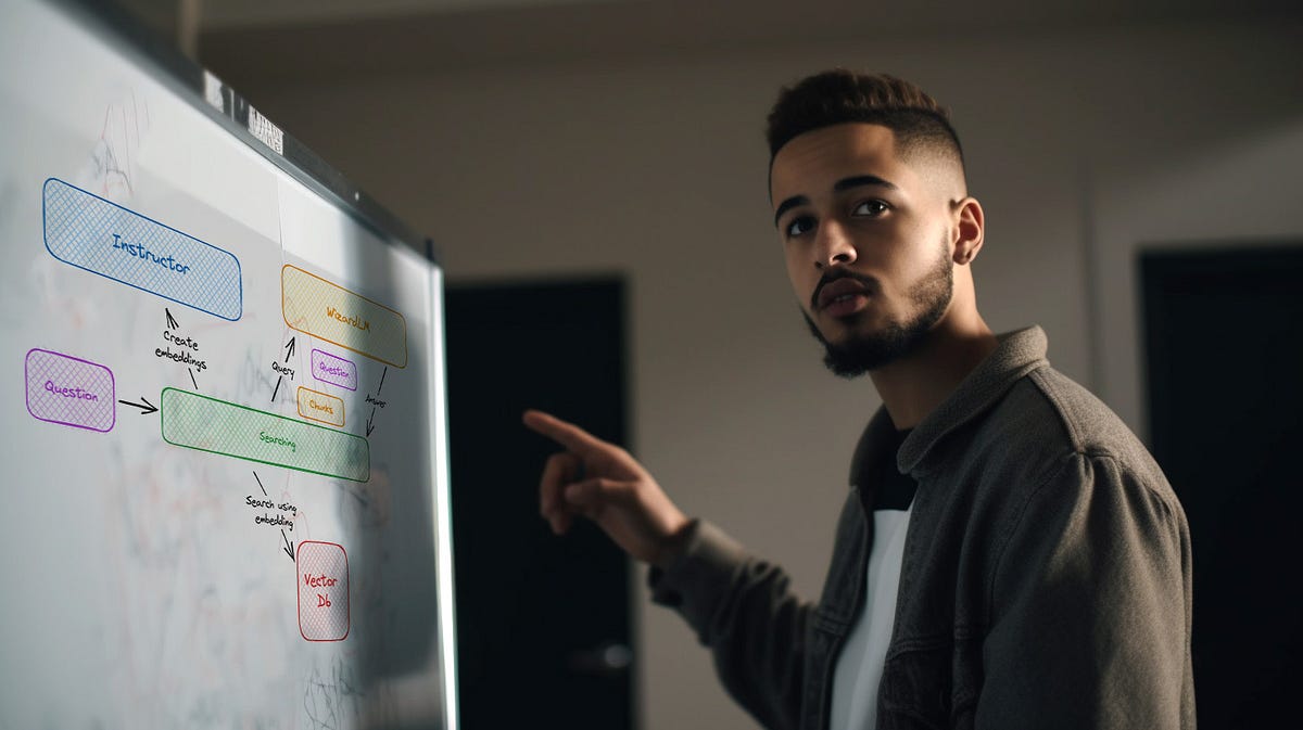 A photo that shows Mustafa standing in front of a white board with an architecture diagram explaining it to Sarah.