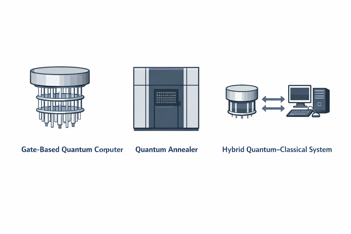 Comparison of quantum computing system models, including gate-based quantum computers, quantum annealers, and hybrid quantum–classical architectures.