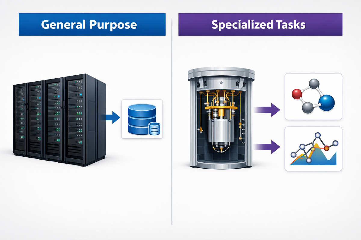 Diagram showing classical computers for general tasks and quantum computers for specialized problems