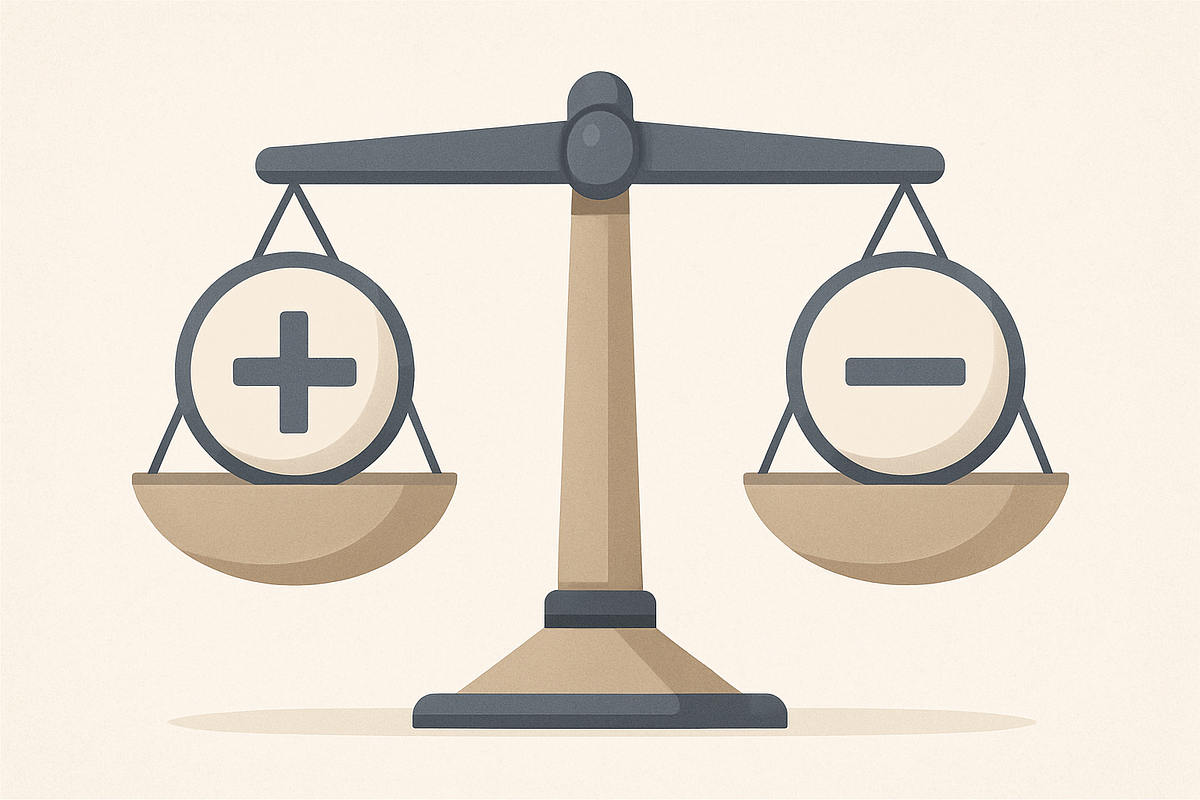 “Balanced scale graphic representing pros and cons of KlickTipp.”