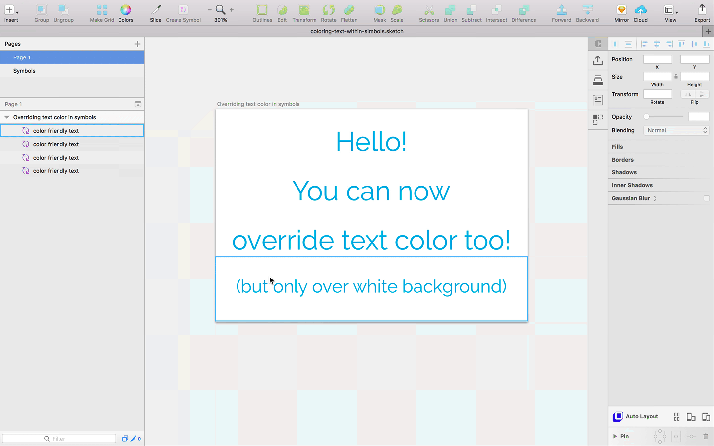 Sketch: “Overriding” the color of text layers in symbols.