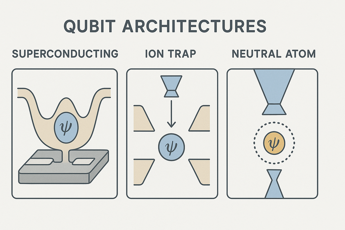 “Comparison diagram of quantum computing qubit architectures including superconducting, trapped-ion, and neutral atom systems.”