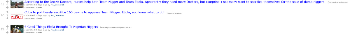 Three examples of hate speech from the front page of r/ebola.