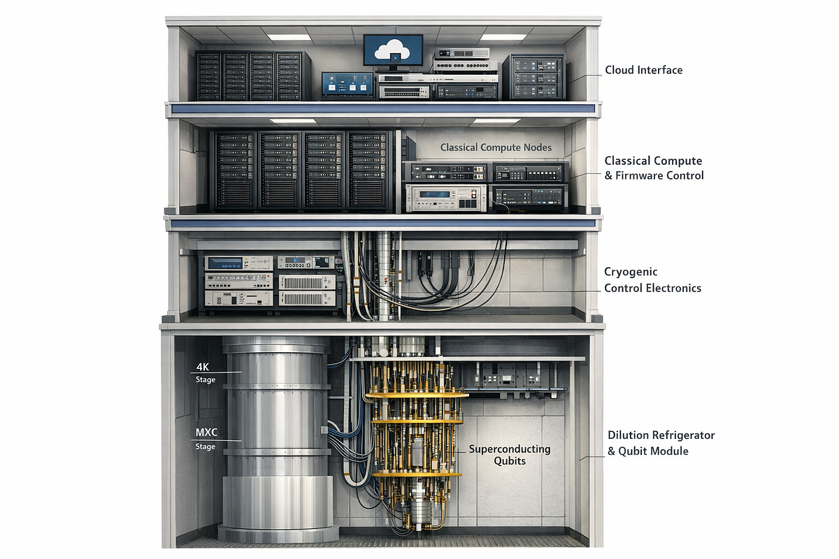 Cutaway illustration of an end-to-end quantum computing system showing qubits, control electronics, classical processing, and cloud interfaces as an integrated architecture.