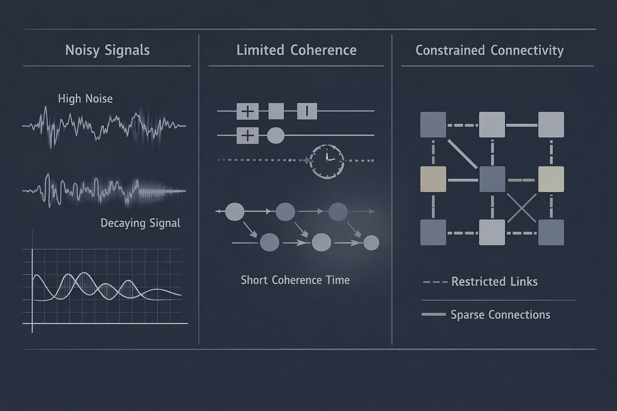 Conceptual illustration representing noise, limited coherence, and connectivity constraints in NISQ-era quantum systems.