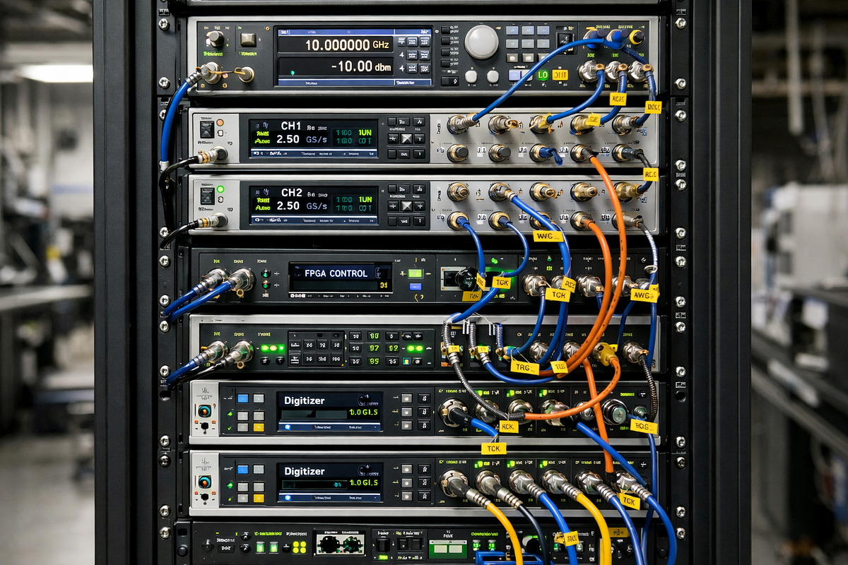 Rack of classical control electronics used to operate a quantum computer, including signal generators and FPGA units.