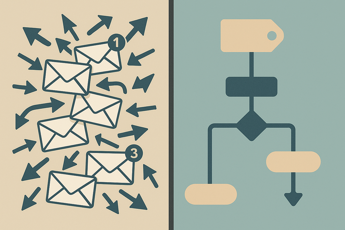 Comparison between traditional email marketing broadcasts and behavior-driven KlickTipp automation logic