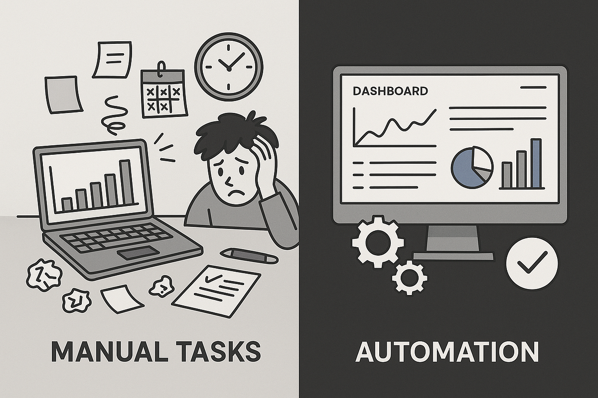 Split-screen graphic comparing manual email tasks with a streamlined automated system.