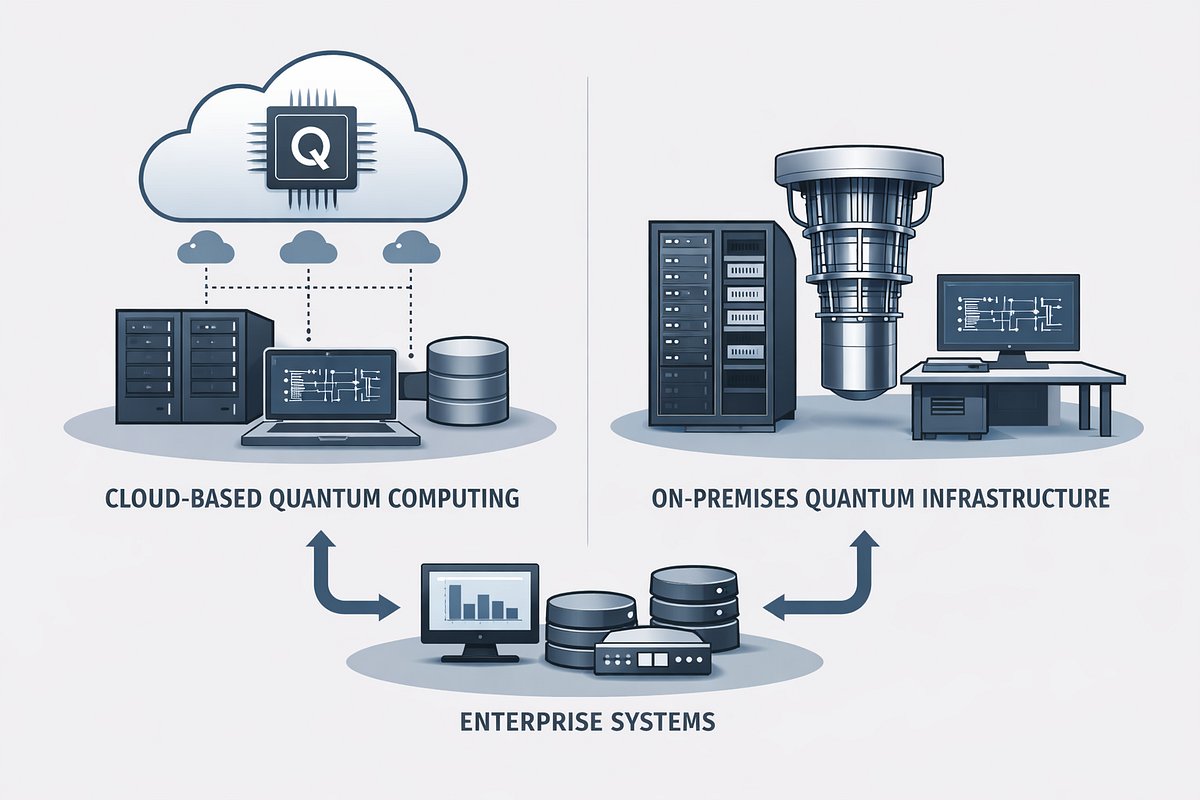 Comparison of cloud-based and on-premises quantum computing deployment models.