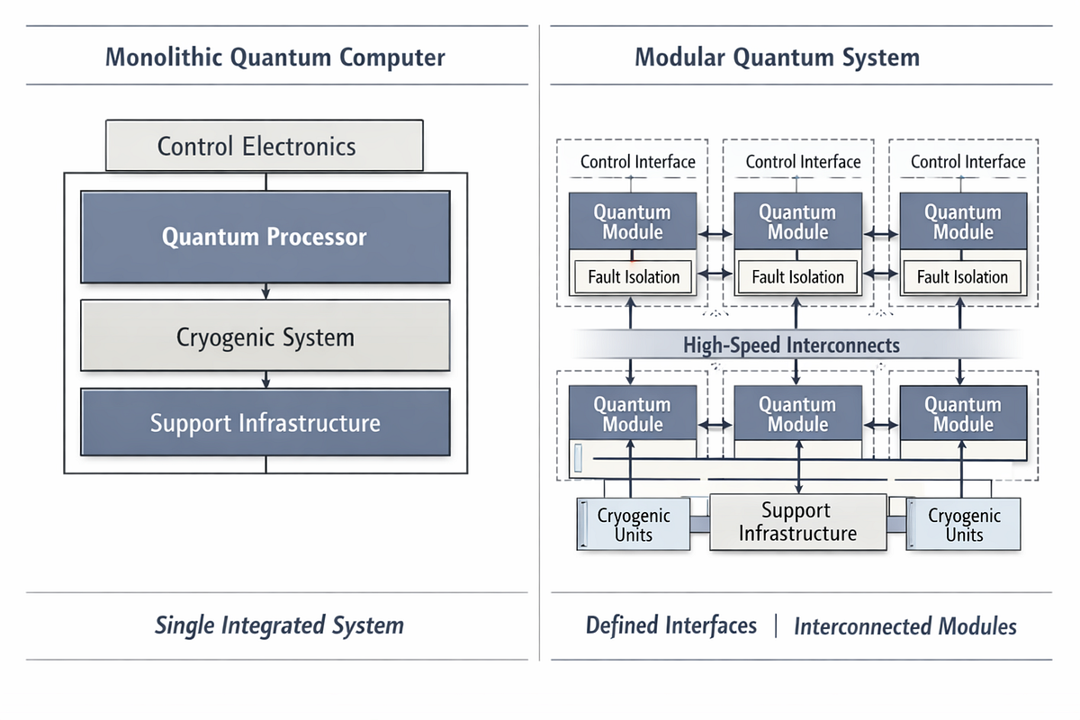 “Comparison of monolithic and modular quantum computing architectures illustrating scalability and fault isolation differences.”