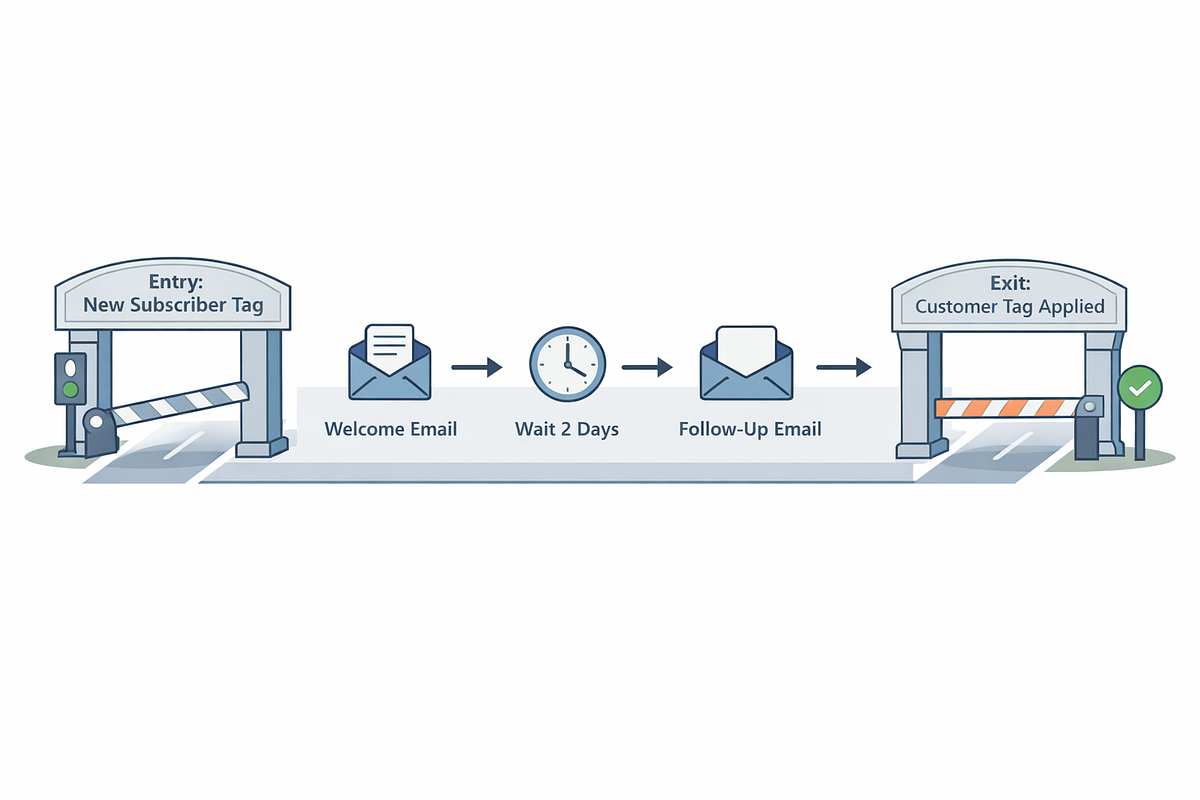 “KlickTipp automation diagram showing clear entry and exit rules for reliable workflows.”