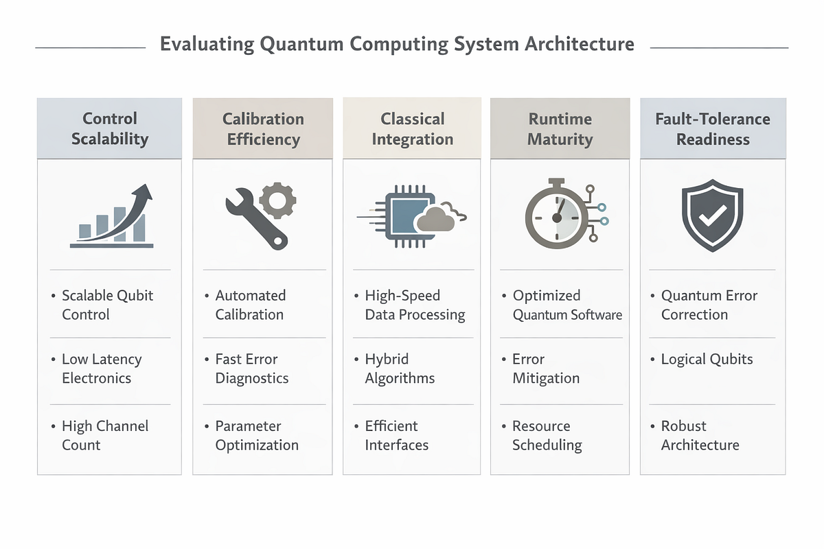 Framework diagram outlining key criteria for evaluating quantum computing system architecture and scalability.