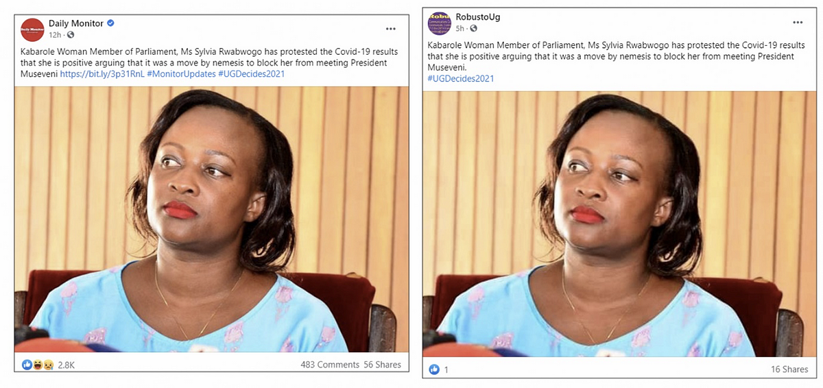 The Robusto Facebook page (right) stole the text and image for a news story from a popular Ugandan news site (left) seven hours after the story was originally posted. (Source: Daily Monitor/archive, left; RobustoUg/archive, right)