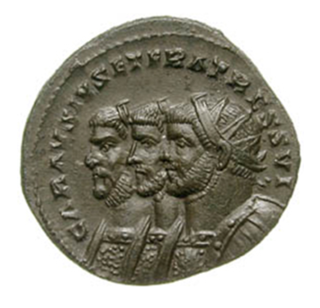 Carausius (d. 293) and this "brothers," the only triple-header jugate bust in all of Roman coinage.