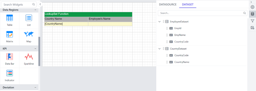 Design area showing values assigned to the table from each dataset.