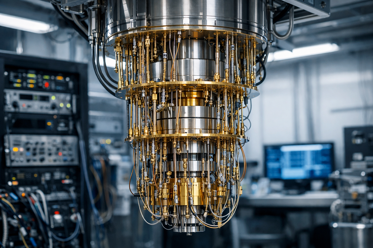 Dilution refrigerator and control systems inside a modern quantum computing laboratory