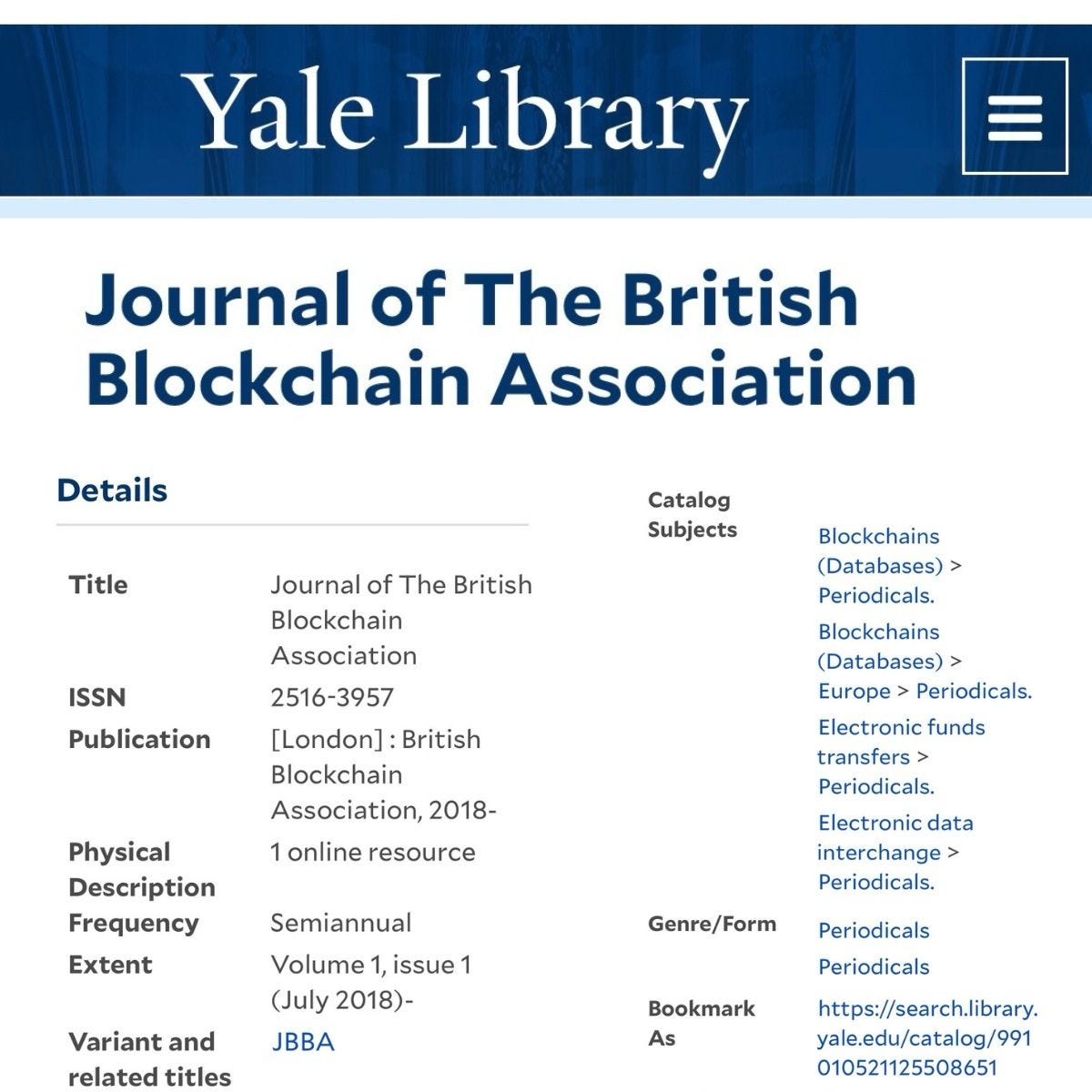 The JBBA Added to Yale University Library: A Milestone for Blockchain Research