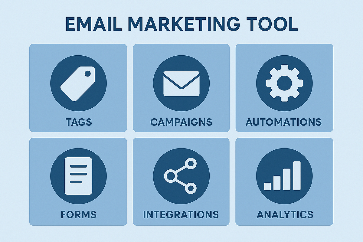 “Infographic showing key components of an email marketing platform including tags, campaigns, and automations.”
