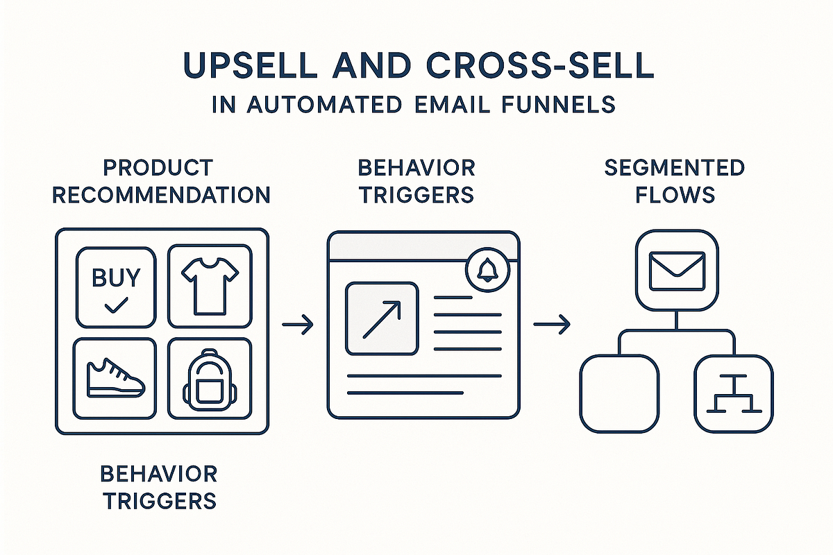 “Infographic showing how upsell and cross-sell sequences operate inside an email automation system.”