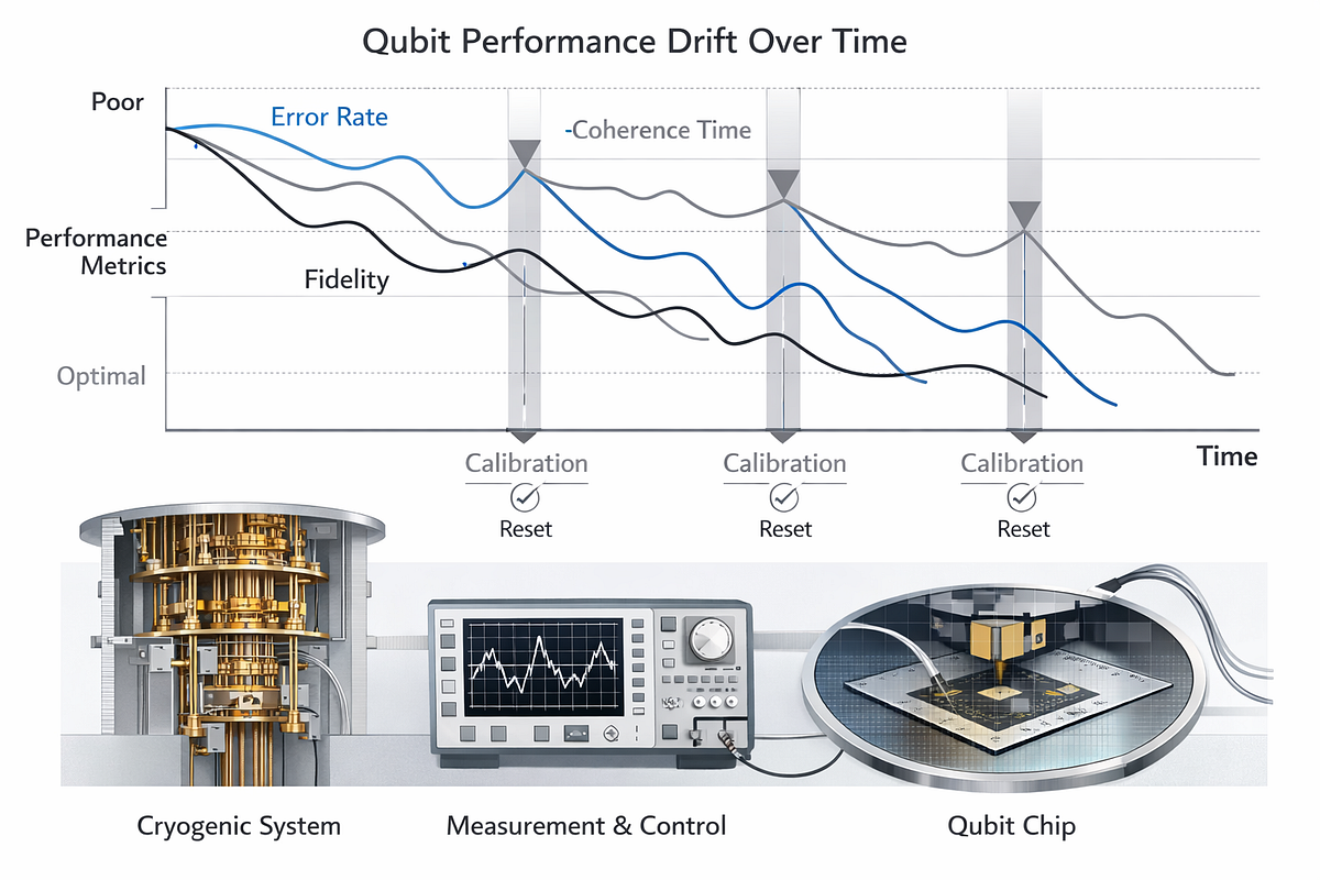 Visualization of qubit performance drift over time requiring frequent calibration in quantum computing systems.