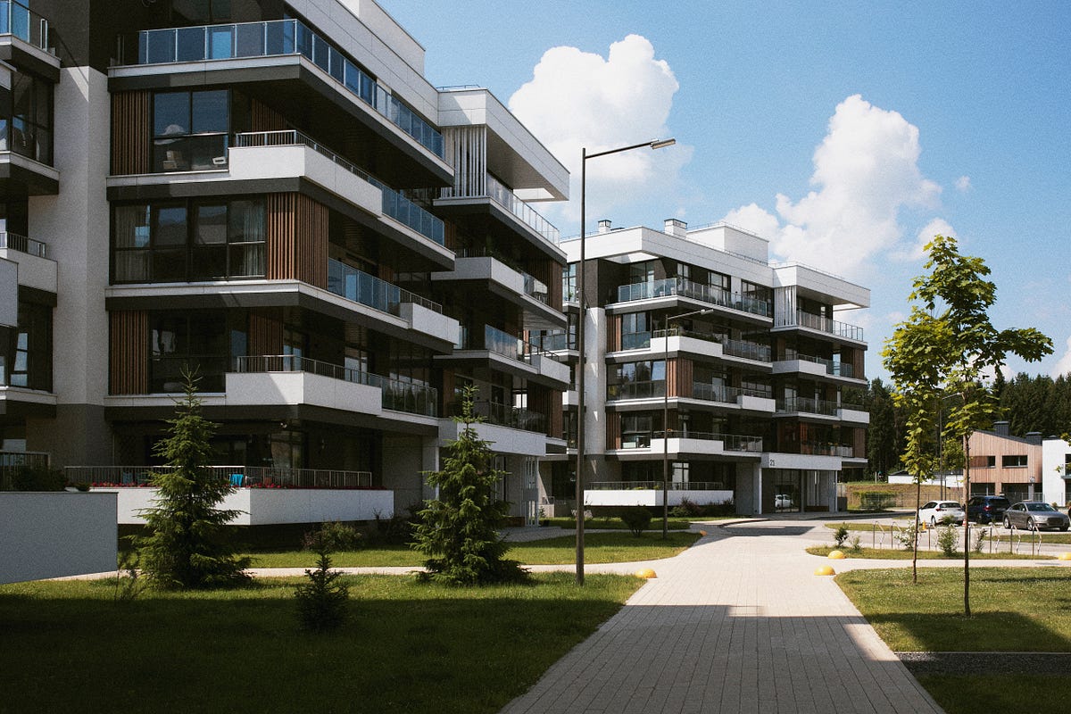 This modern residential complex showcases sleek architectural lines, expansive glass balconies, and warm wooden accents for a balanced aesthetic. Surrounded by landscaped greenery and open pathways, it blends urban sophistication with natural charm. The design emphasizes spacious living, abundant daylight, and community-friendly outdoor spaces, making it ideal for contemporary lifestyles.