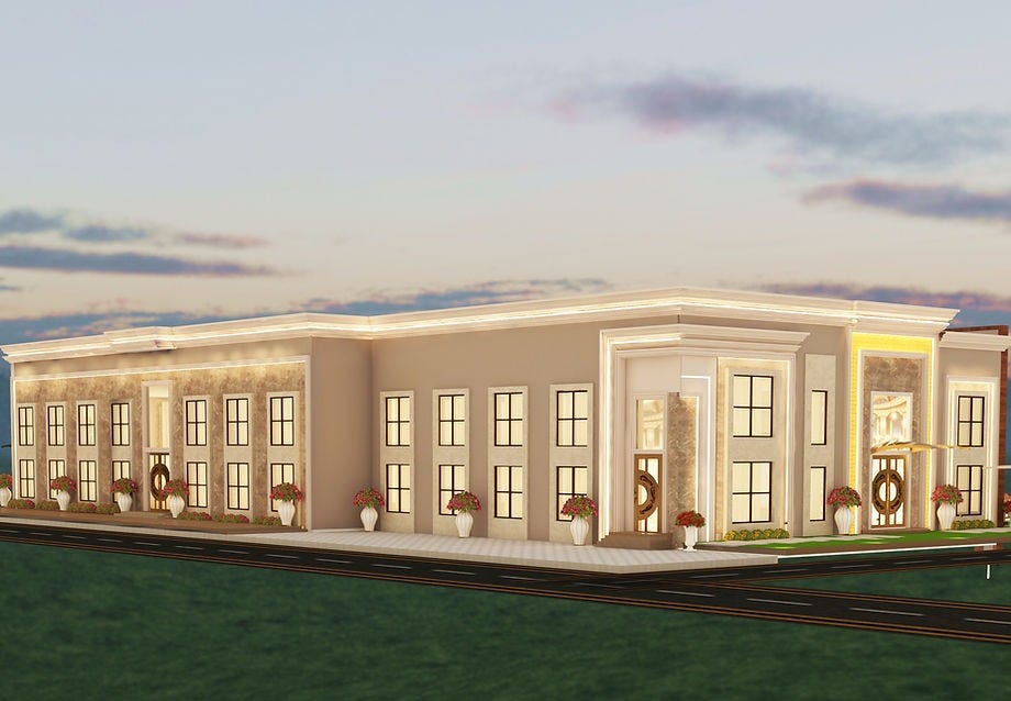 A panoramic 3D elevation of a marriage home in Gurgaon designed by ArchitectsHive, showcasing a lavish neoclassical facade that stretches across the corner plot. The long row of vertical windows, ornate columns, and warm ambient lighting reflects the finesse of the BestInteriorDesignersInGurgaon. Multiple grand entryways and symmetrical detailing highlight the thoughtful planning by an experienced InteriorDesignerInGurgaon. Accented with lush planters and statement doors, this design exemplifies