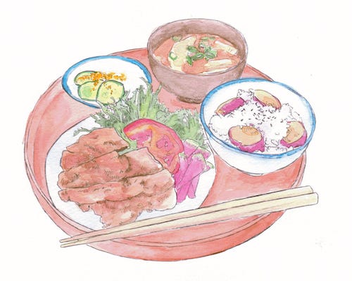 Watercolor illustration of a platter with a dish and three bowls of food, and chopsticks.