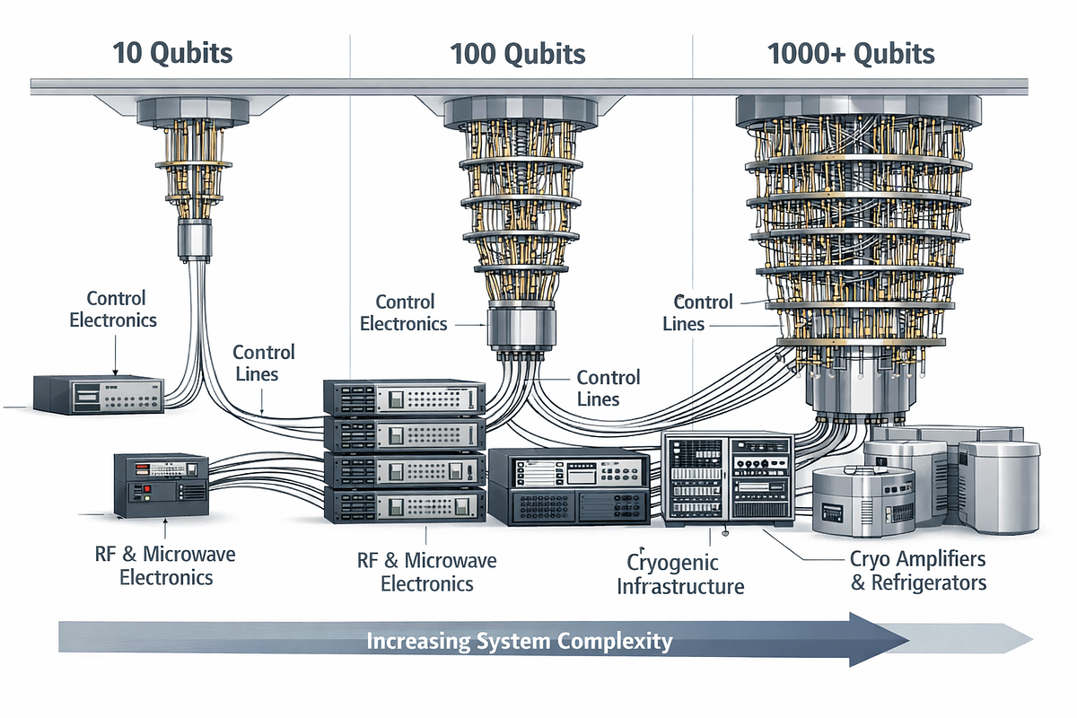Illustration showing increasing control and infrastructure complexity as quantum computing systems scale to larger qubit counts.