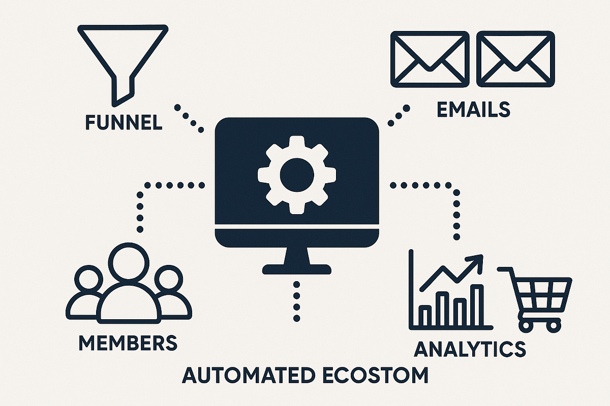 Illustration of an automated income system with interconnected funnel, email, analytics, and membership components.