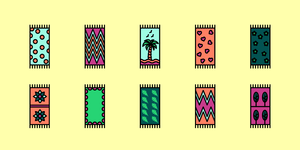 Collection of 10 flat icons of beach towels that have different colorful patterns and motifs linking to a collection of royalty-free summer images for blogs
