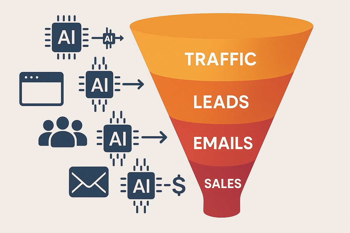 “AI automation powering an online funnel from traffic to automated sales.”