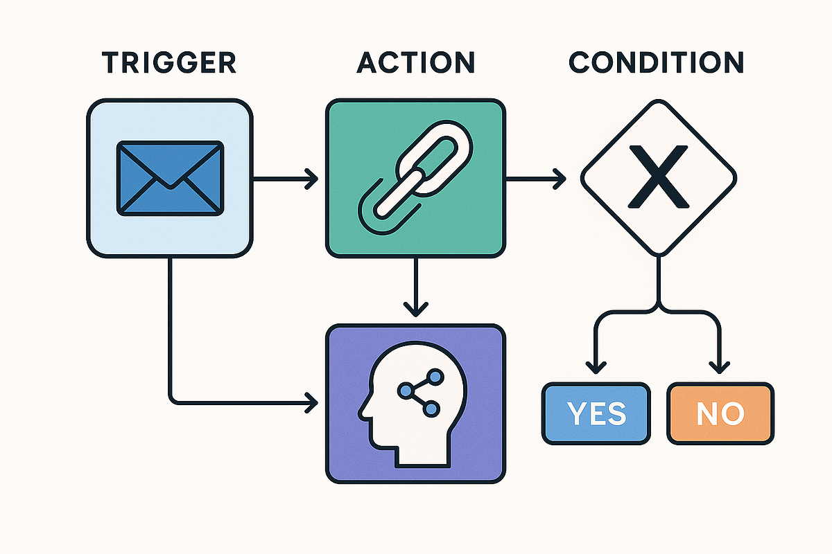 Automation workflow diagram showing triggers, conditions, and actions for lead nurturing.