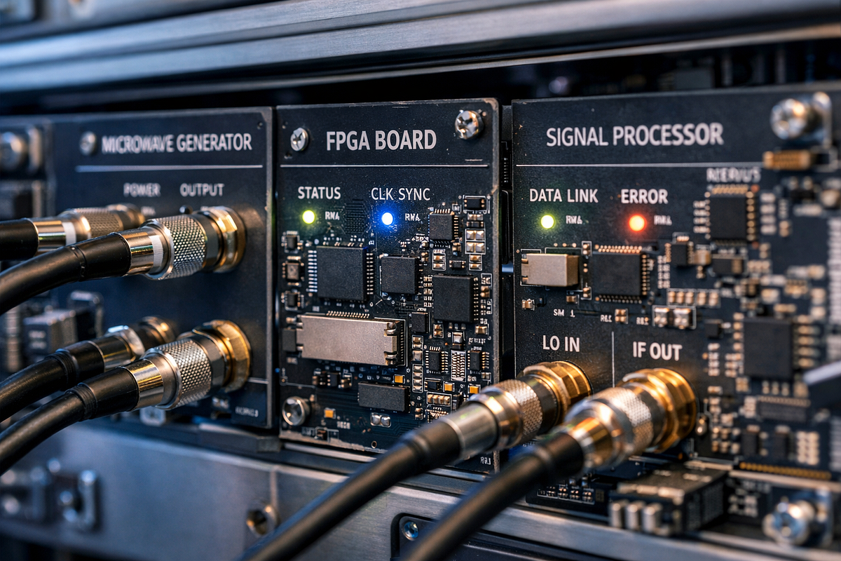 Close-up of quantum computer control electronics including microwave generators, FPGA boards, and precision cabling.