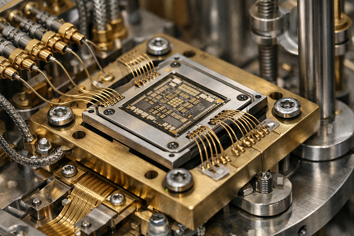 Close-up view of a quantum processing unit chip inside a cryogenic environment, highlighting physical qubit hardware and wiring.
