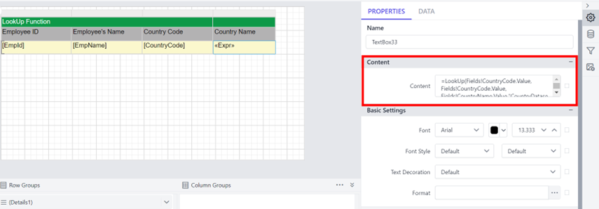 Design area showing Lookup function used in the content field to retrieve Country Name values.