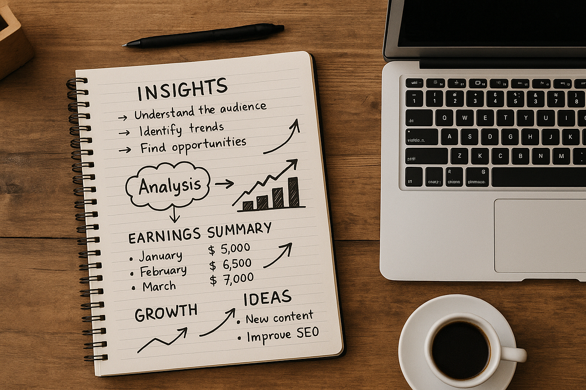 “Workspace with handwritten notes outlining a high-ticket affiliate marketing case study.”